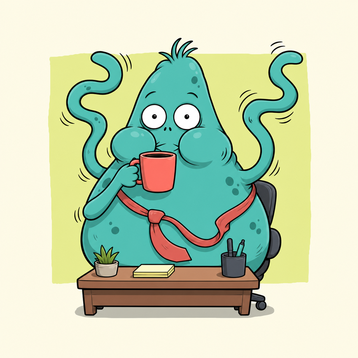 Original cartoon office creature holding a coral coffee mug