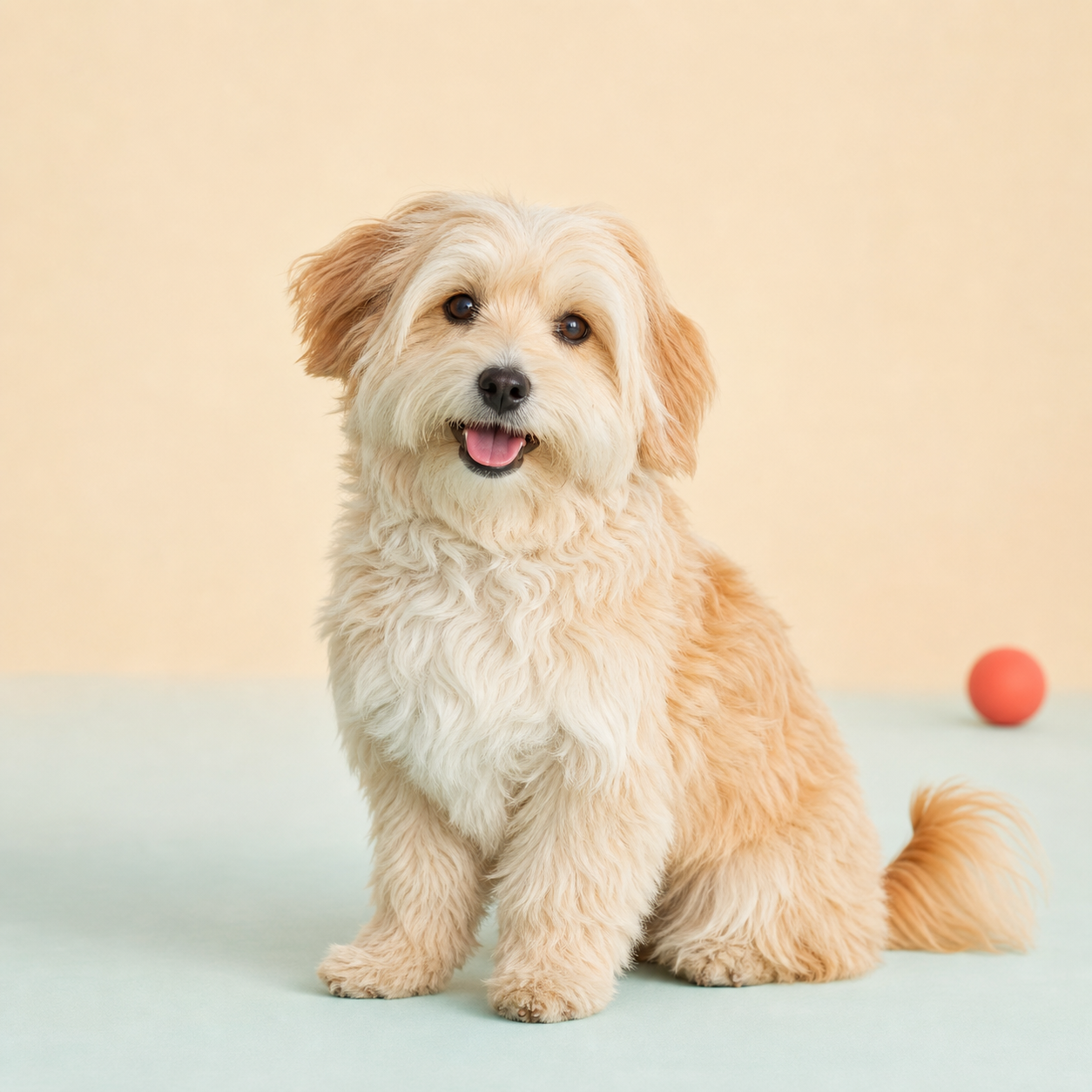 Original studio photograph of a fluffy cream and ginger dog